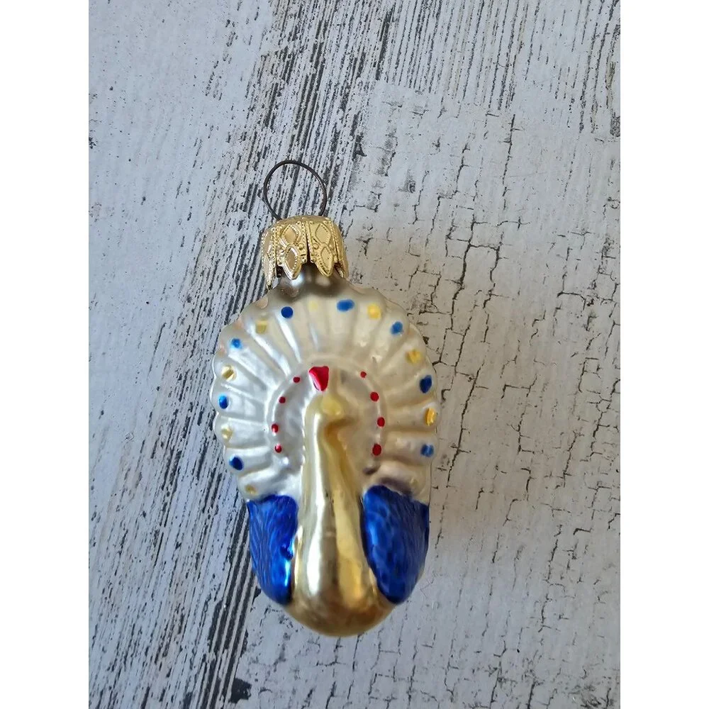 Vintage Germany‎ peacock glass ornament mini blue Xmas tree